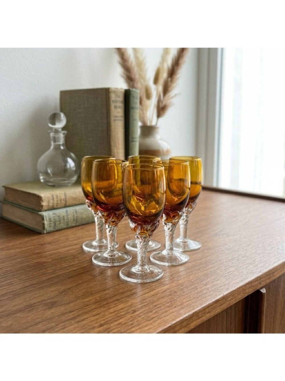MCM Amber Glass Cordial Glasses Vintage Liqueur Aperitif Shot Stemware Set of 6
